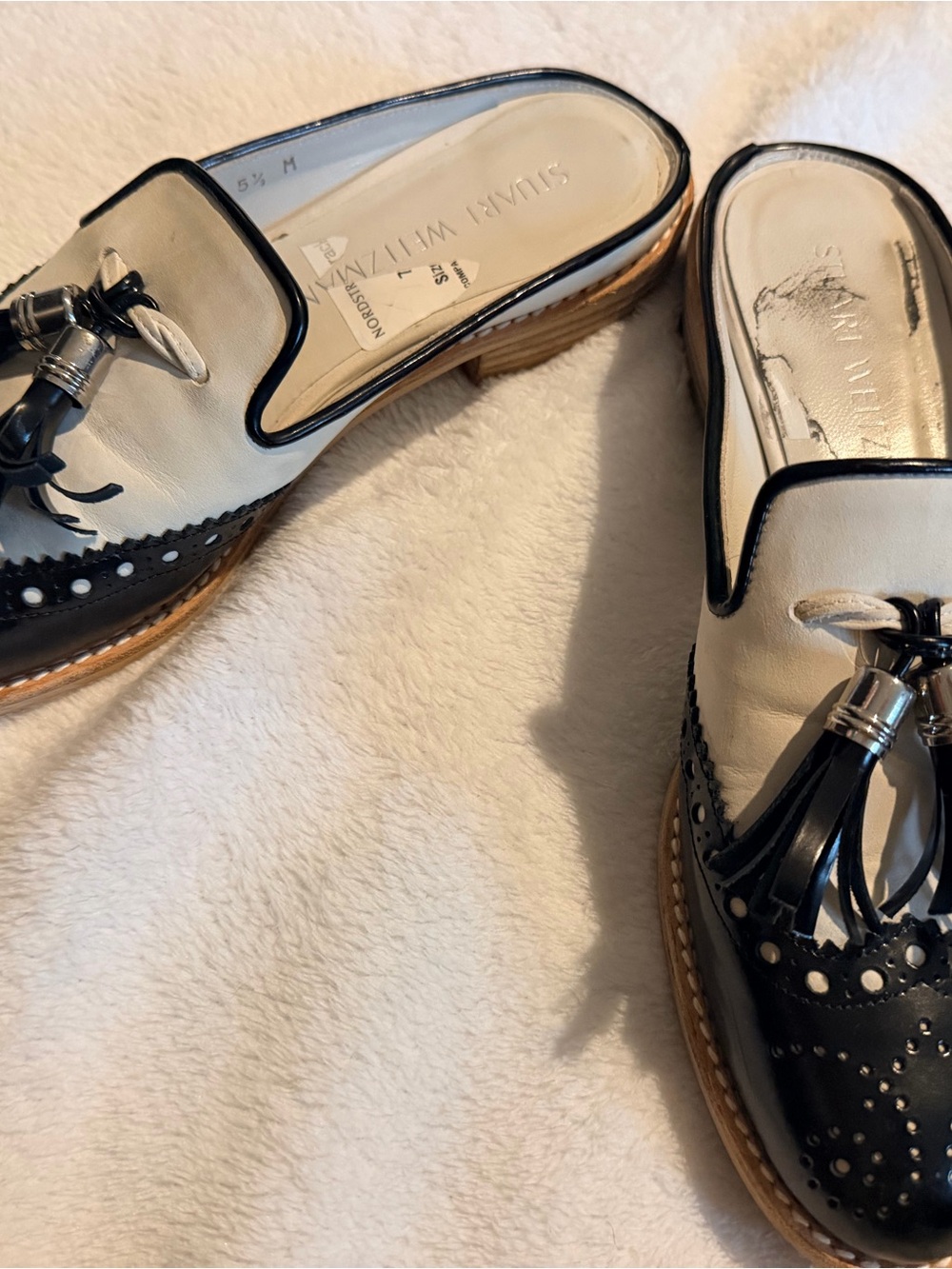 Stuart Weitzman Black and White Tassel Brogue Mule